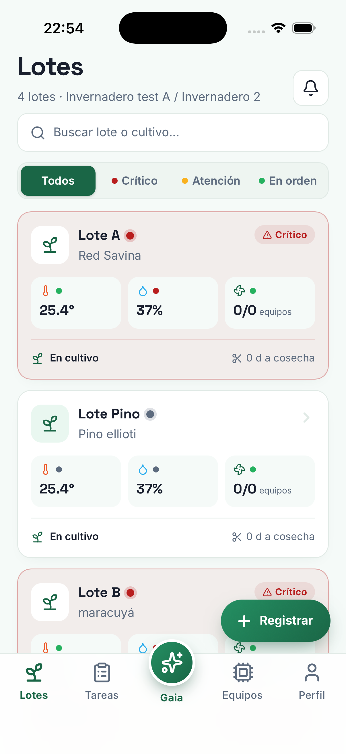 Crop lots and growing conditions in the Gaia app
